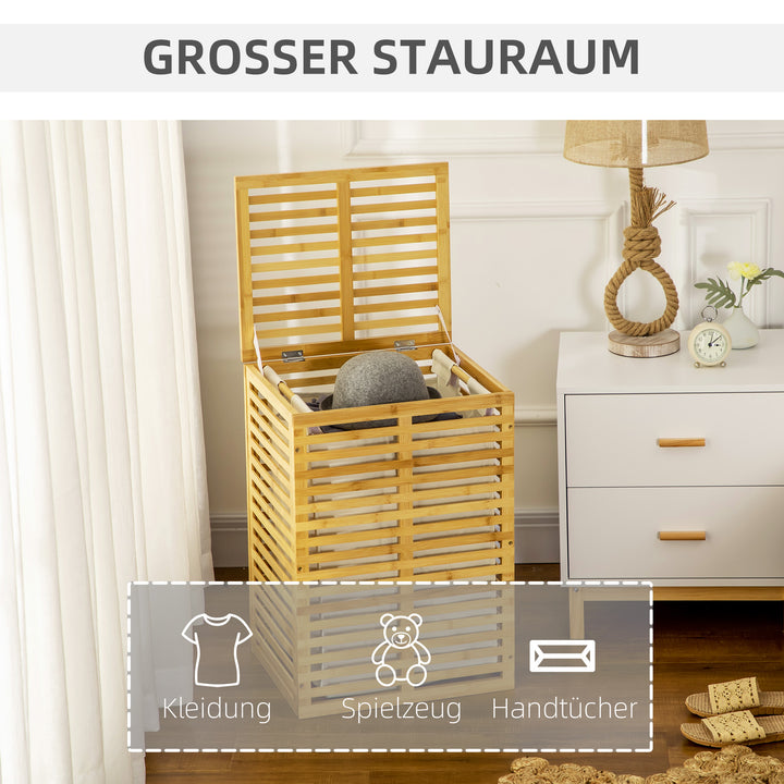 Bambus vasketøjskurv med 63 l vasketøjsopsamler med låg vasketøjspose, stang 44 x 37 x 62,5 cm naturtræ
