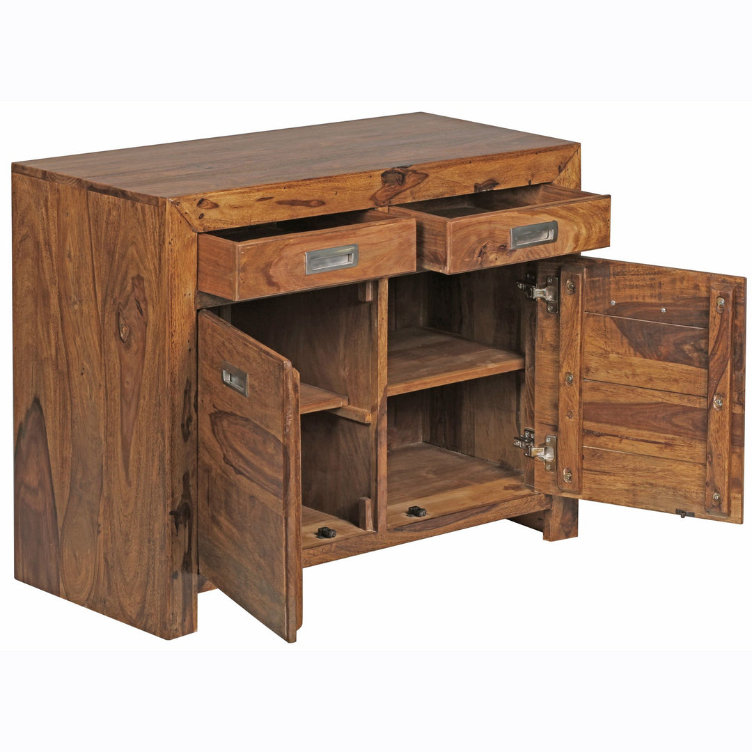 MUMBAI skænk, massivt sheeshamtræ, kommode, 90 cm, 2 skuffer, 2 døre, designer højskab, landlig stil, brun/natur