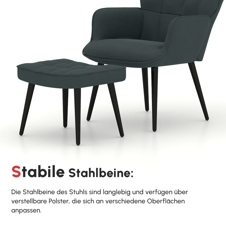 Lænestol med fodskammel og fodskammel, sæt med 2 dele, grå