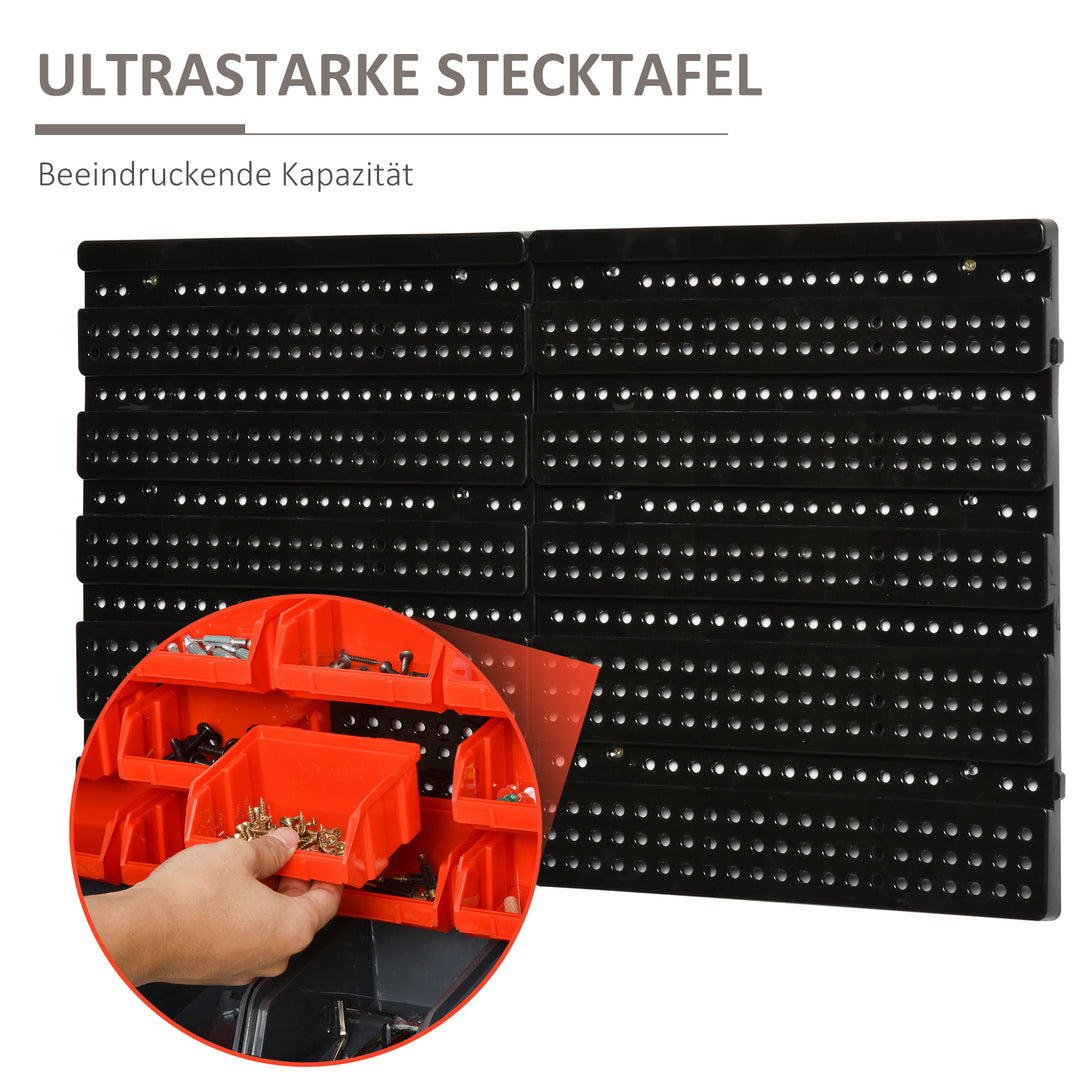 Opbevaringssystem vægreol med stabelbare kasser, 30 kasser, 2 hulplader, 37,5 cm x 18 cm x 63 cm, rød + grå + sort