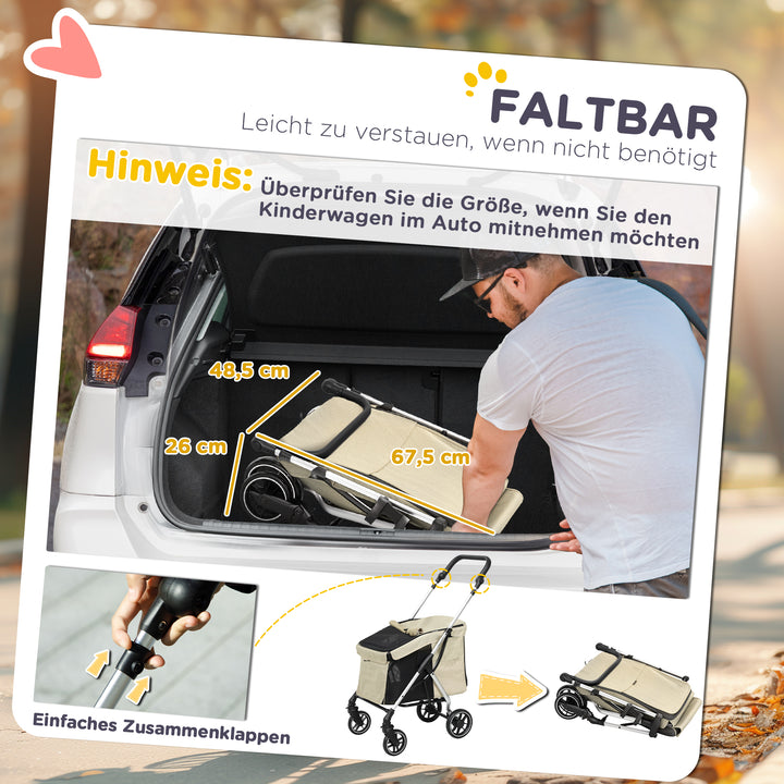 Hundeklapvogn, let og sammenklappelig transportvogn til små hunde, vaskbar hynde, netvindue, khaki