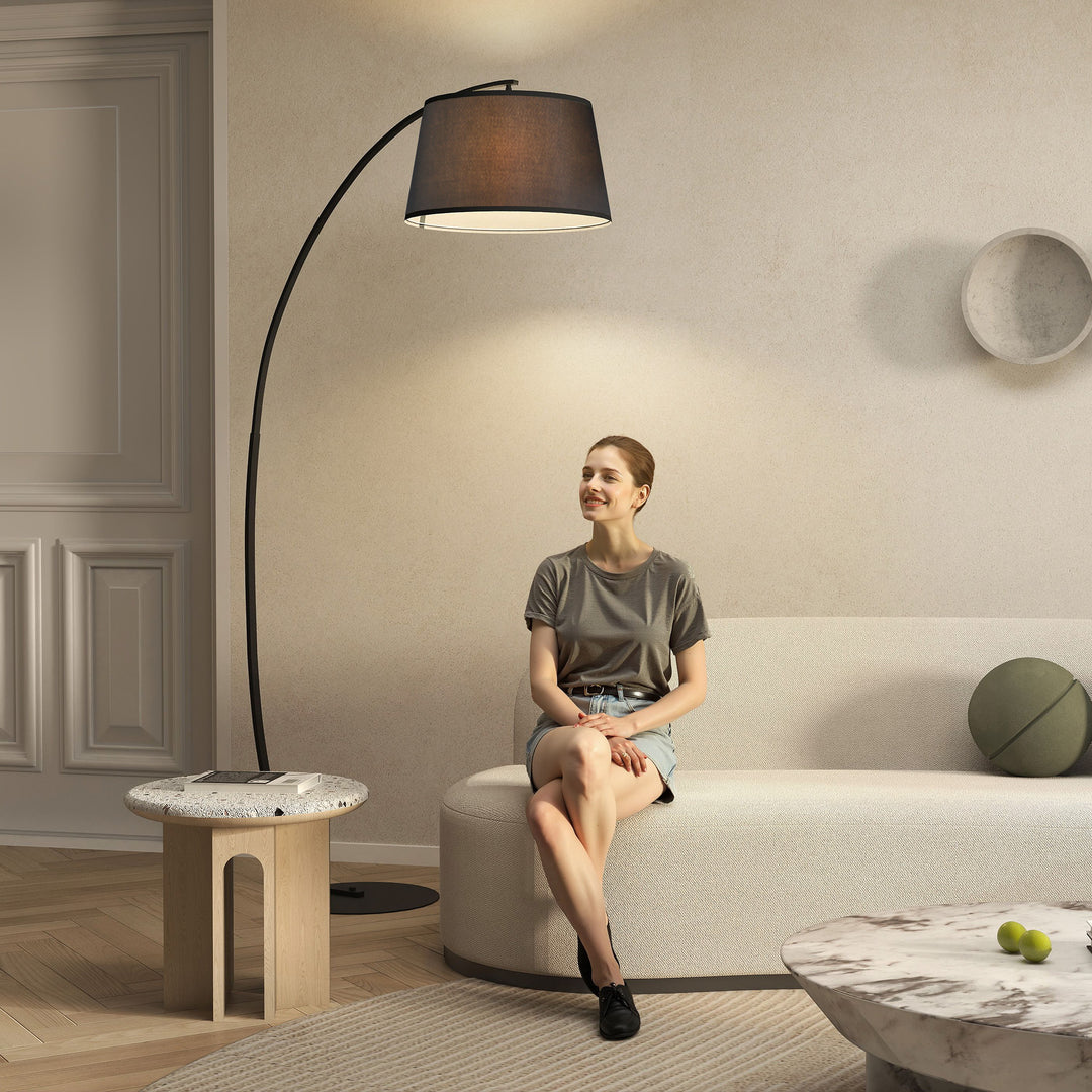 Gulvlampe, buet gulvlampe med stofskærm, gulvlampe med rund fod, metal, 105l x 47b x 190h cm, sort