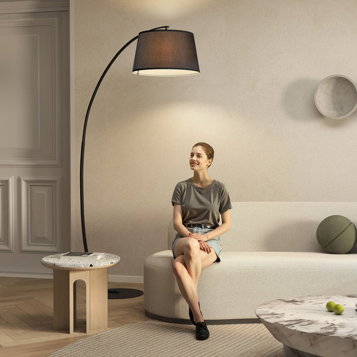 Gulvlampe, buet gulvlampe med stofskærm, gulvlampe med rund fod, metal, 105l x 47b x 190h cm, sort