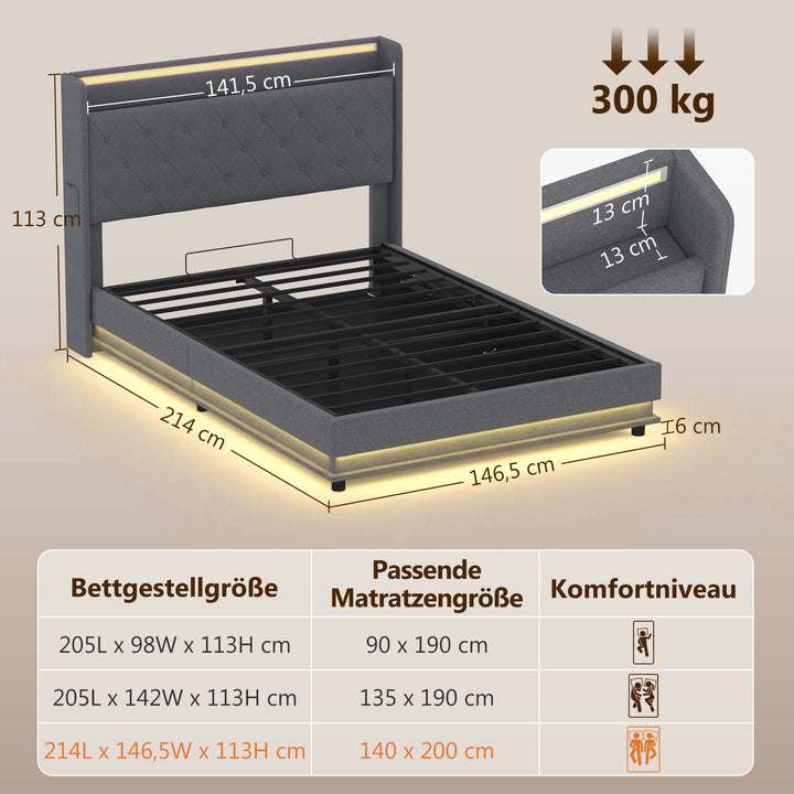 Sengestel 140 x 200 cm med hoved- og fodgærde, platformseng med hydraulisk opbevaring, LED-lys