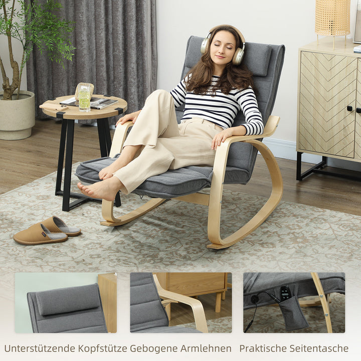 Gyngestol med massagefunktion, lændevarme, 3 tilstande, stofbetræk, grå