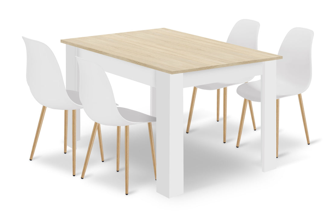 Sæt med NP bord 120x80cm Sonoma Eg + Hvid + 4 WAT hvide stole / naturlige ben