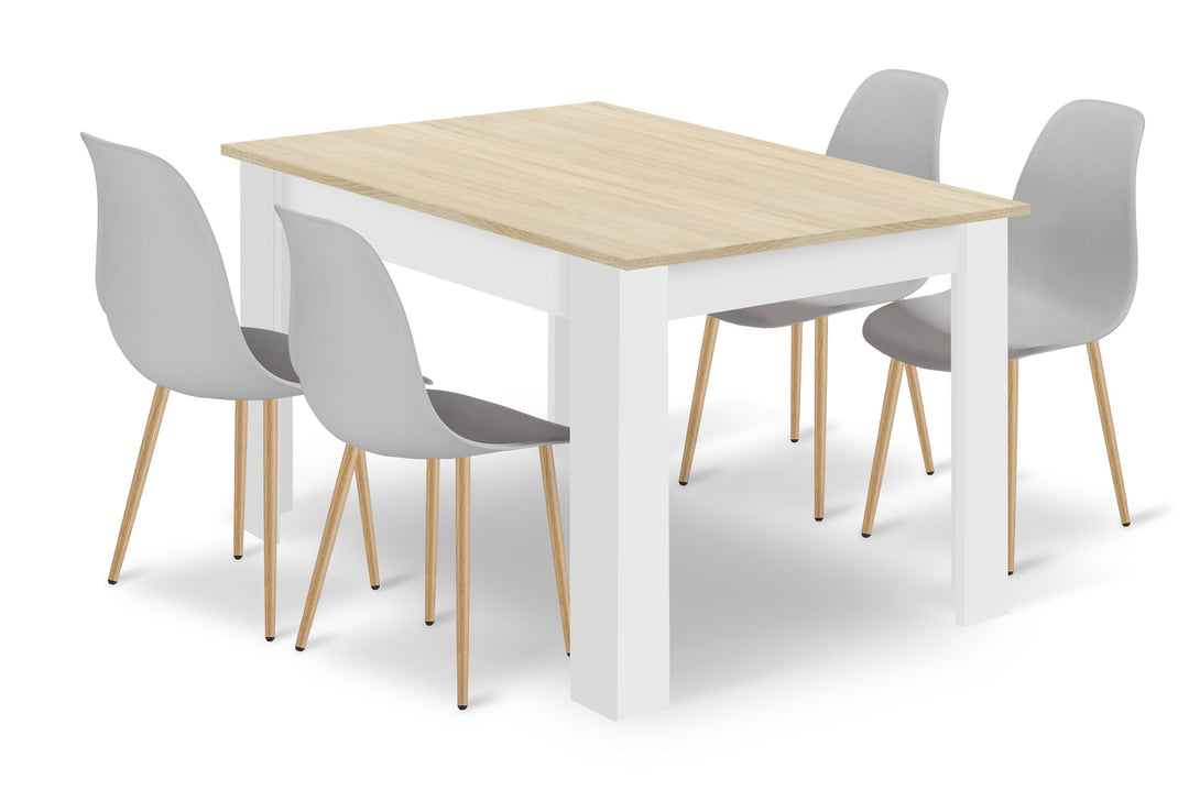 Sæt med NP bord 120x80cm Sonoma Eg + Hvid + 4 WAT stole grå / naturlige ben