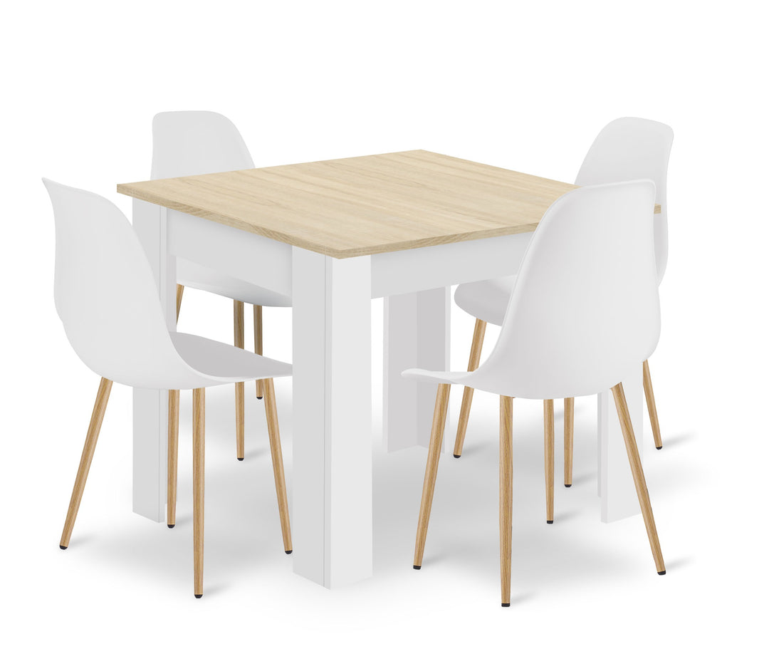 Sæt med NP bord 80x80cm Sonoma Eg + Hvid + 4 WAT hvide stole / naturlige ben