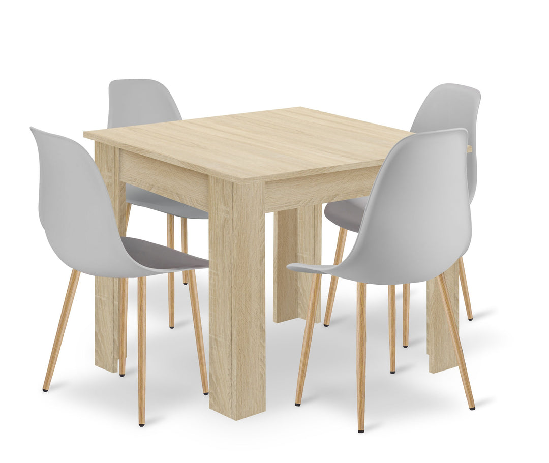 Sæt: NP Bord 80x80cm Sonoma Eg + 4 WAT Stole Grå / Naturlige Ben