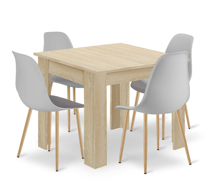 Sæt: NP Bord 80x80cm Sonoma Eg + 4 WAT Stole Grå / Naturlige Ben