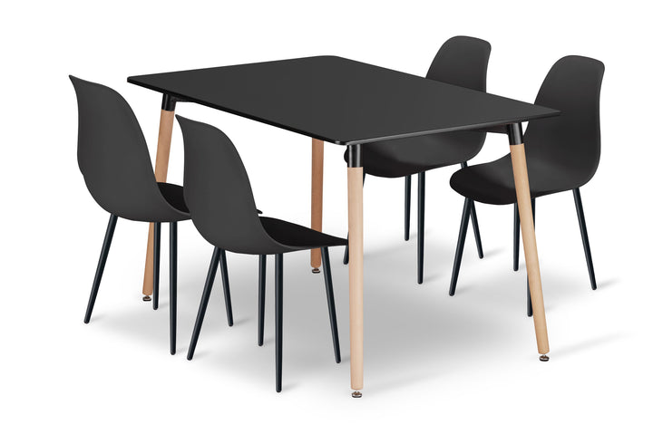 Sæt med ADRIA bord 120 cm x 80 cm - sort + 4 WAT stole sorte/sorte ben