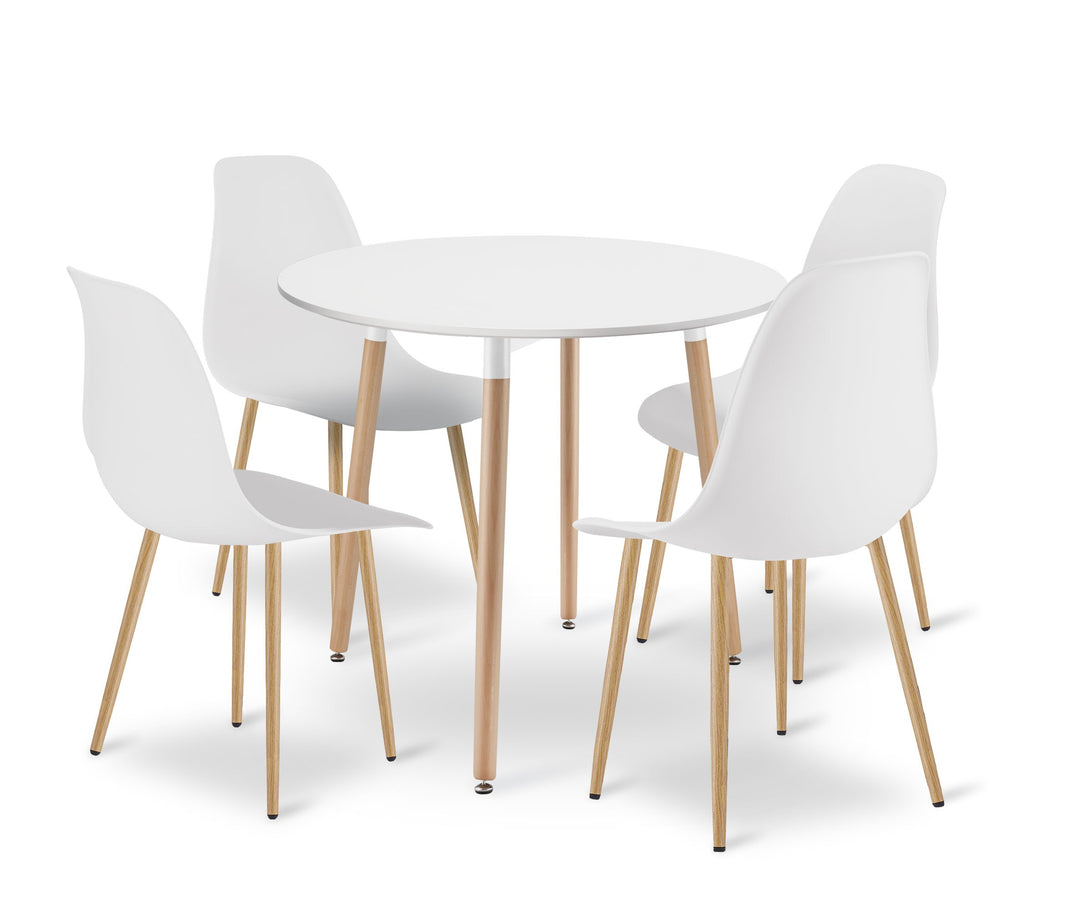 Sæt med KAMI rundt bord 80 cm - hvide / naturlige ben + 4 WAT stole hvide / naturlige ben