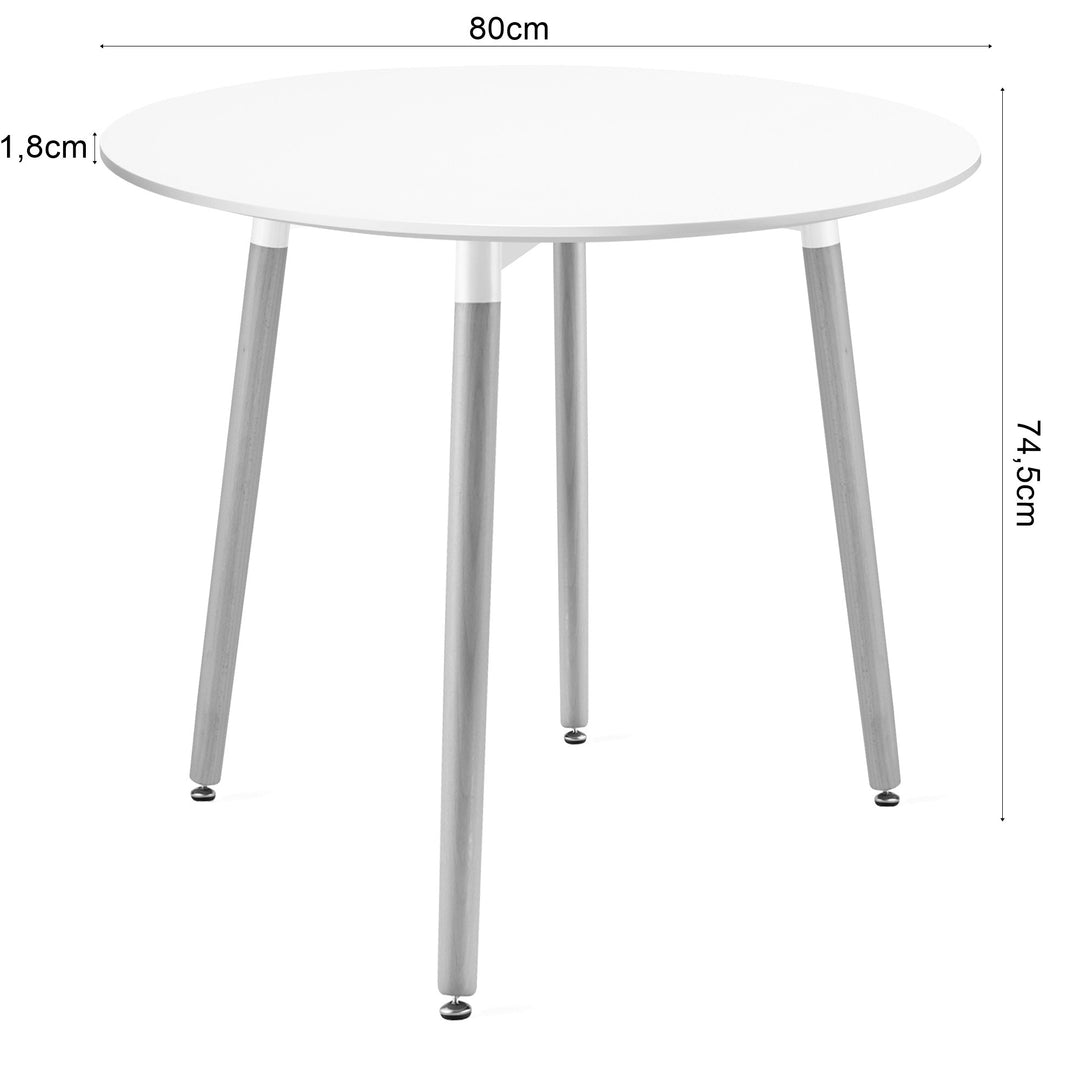 Sæt med KAMI rundt bord 80 cm - hvid / naturlige ben + 4 WAT grå stole / naturlige ben
