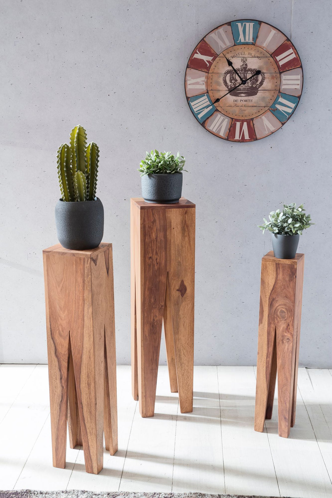 Sidebordsæt med 3, massivt akacietræ, indskudsborde, firkantede, moderne, piedestalbord, plantebord, 3-delt, blomsterstativ, plantebord, stue, planteskammel, blomsterskammel, dekorativ søjle