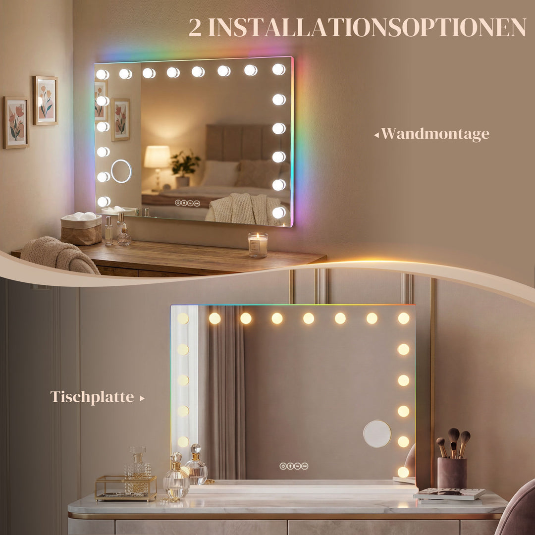 Hollywood makeupspejl med 18 dæmpbare LED-lys, 3 farver, RGB-lys, Bluetooth-højttaler, 10x forstørrelse, hvid