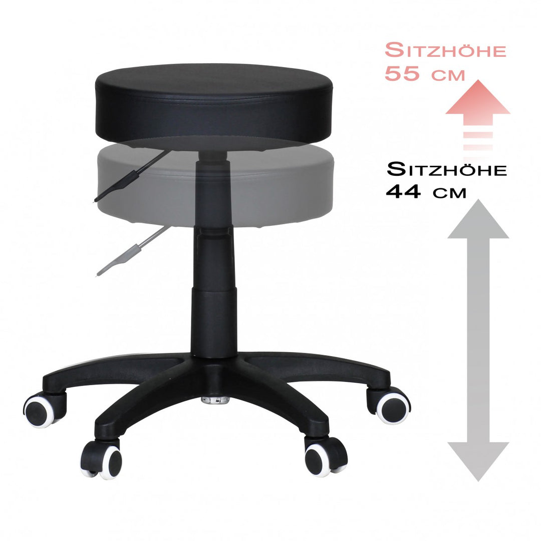Designerskammel, arbejdsskammel, kunstlæder, sort, sædeskammel med hjul, polstret rulleskammel uden ryglæn