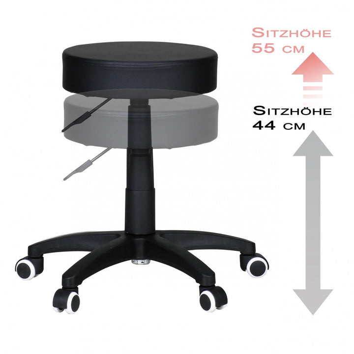 Designerskammel, arbejdsskammel, kunstlæder, sort, sædeskammel med hjul, polstret rulleskammel uden ryglæn
