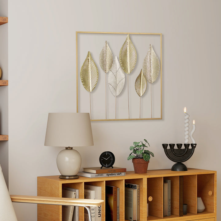 Metalramme med bladdesign, vægdekoration, moderne stil, guldfarvet