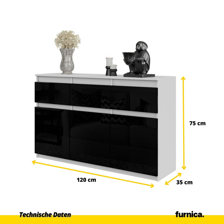 NOAH - Kommode med 3 skuffer - mat hvid / højglans sort H75cm B120cm D35cm