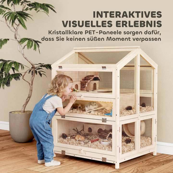 Hamsterbur i træ, 3 niveauer, gnaverbur, bur til små dyr med hytter, vipper, ramper, vandskåle, 68 x 61,5 x 90 cm, naturtræ