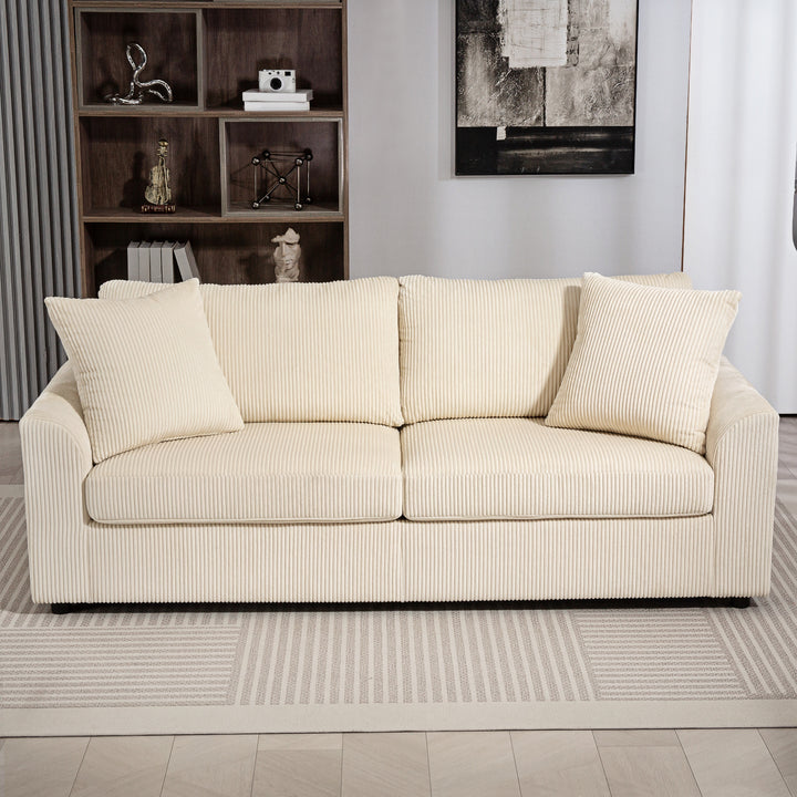 3-personers sofa med dekorative hynder, corduroy sofa til stue, soveværelse, 212 cm bred, cremehvid