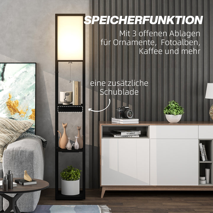 Gulvlampe med 3-lags hylde, fodkontakt, usb-porte, mdf, sort