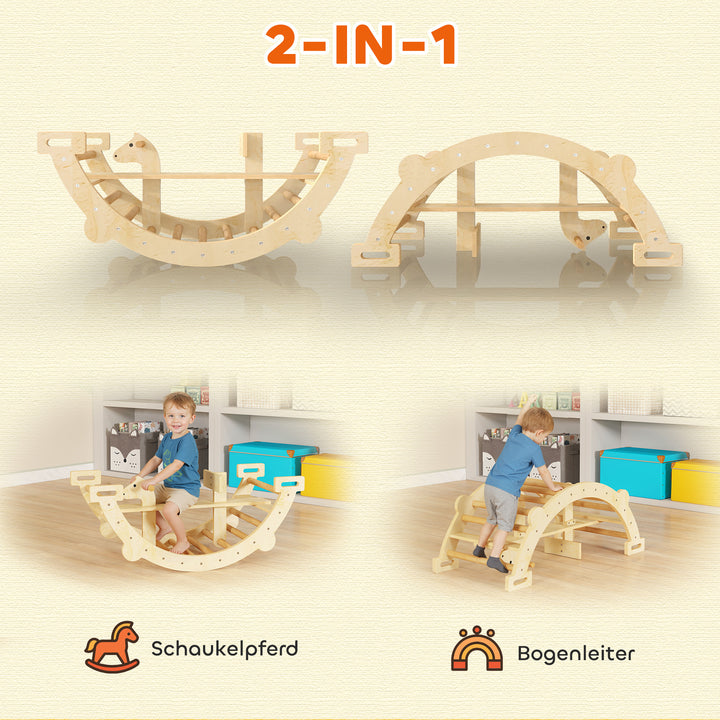 Montessori indendørs klatrestativ, 2-i-1 træklatrebue, til børn 2-4 år, 110x52x45 cm, naturtræ