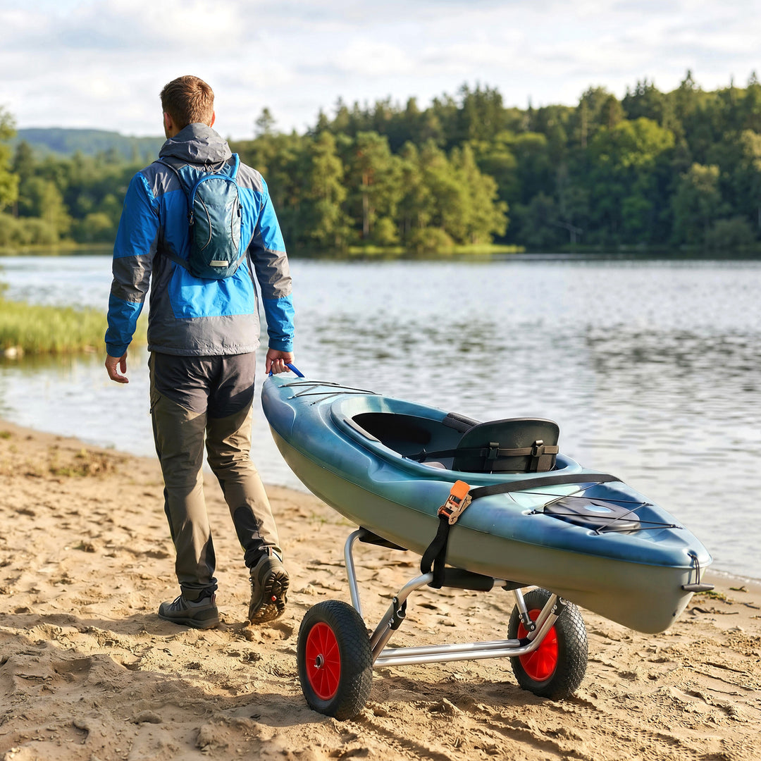 Sammenklappelig kanovogn op til 90 kg, transportvogn i aluminium, kajakvogn, bådvogn med rem, polstrede hjul, surfvogn, kanovogn, bådtrailer, vogn til surfbræt, bræt, oppustelig båd