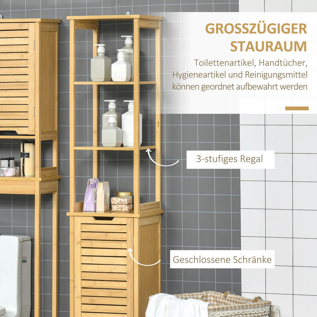 Badeværelsesskab, højskab, tre hylder, et rum med jalousilåge, anti-tip anordning, bambus, 34 x 30 x 173 cm