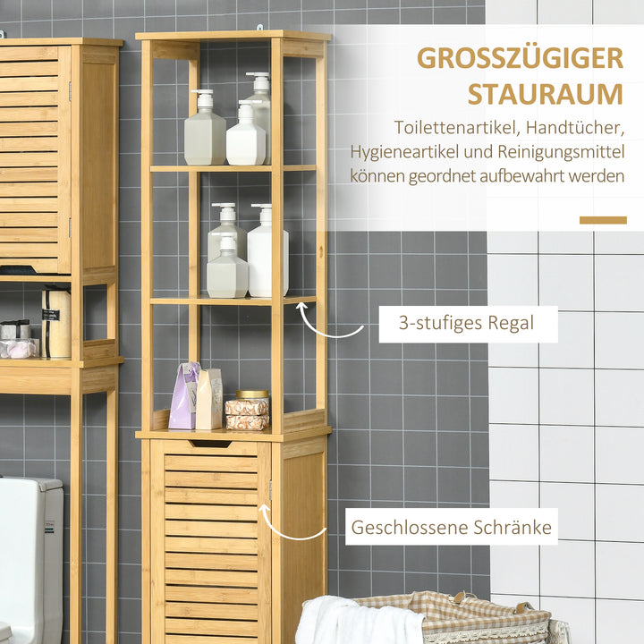 Badeværelsesskab, højskab, tre hylder, et rum med jalousilåge, anti-tip anordning, bambus, 34 x 30 x 173 cm
