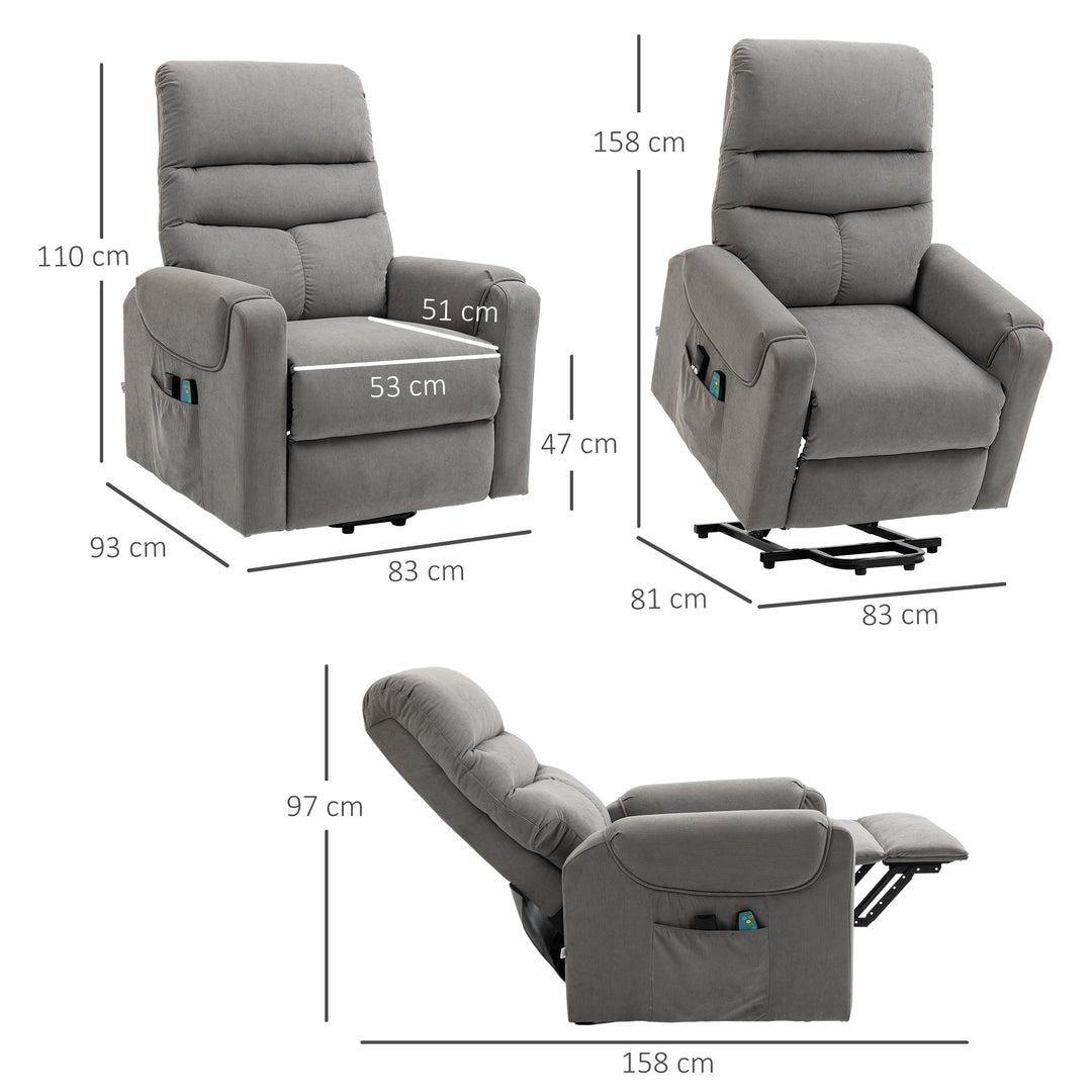 Tv-stol med elektrisk hæve-sænke, massagestol med lænefunktion og varmefunktion, afslapningsstol med fjernbetjening og sidelomme, justerbart polyesterstof, mørkegrå