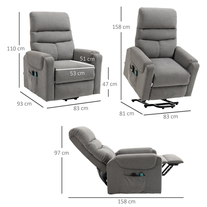 Tv-stol med elektrisk hæve-sænke, massagestol med lænefunktion og varmefunktion, afslapningsstol med fjernbetjening og sidelomme, justerbart polyesterstof, mørkegrå