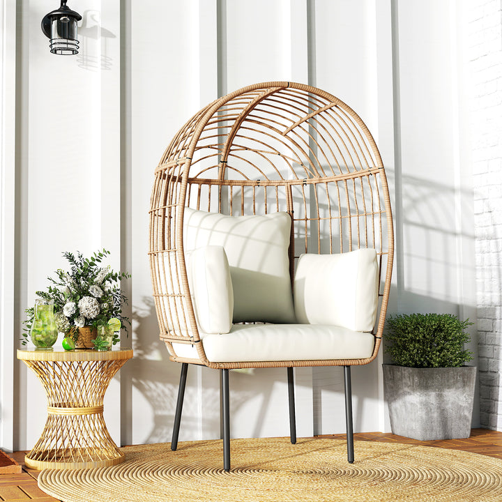 Ægformet rattanstol med aftagelig hynde, polstret udendørsstol lavet af rattan 95 x 80 x 155 cm beige