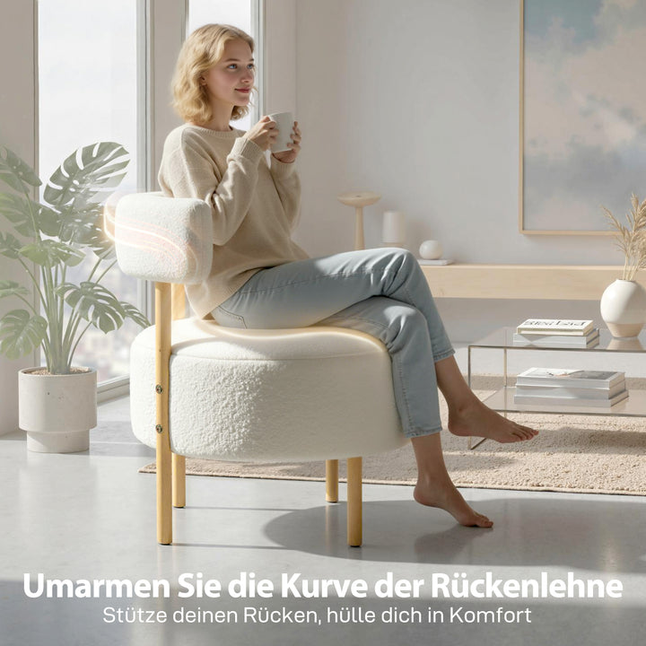 Lænestol, loungestol, lænestol med sherpa fleece, metalben i trælook, polstret lænestol, 67 x 67 x 71 cm, cremehvid