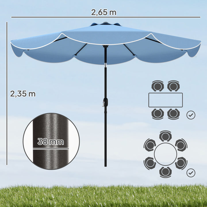 Rund parasol, balkonparasol, strandparasol med 3 vippepositioner, håndsving, 8 ribber, Ø265 x 235H cm, himmelblå