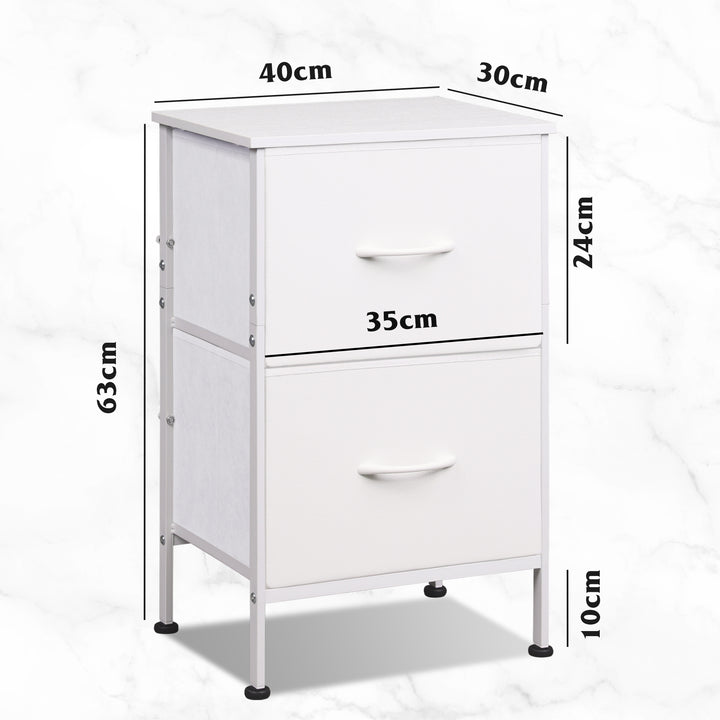 WLIVE Kommode med 2 skuffer, stofskuffer med udtræksskinner, natbord til soveværelse, lille sidebord med metalstel, entré, stue, børneværelse, natbord, hvid