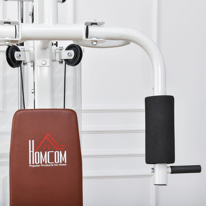 Fitnesscenter, multigym, fitnesscenter, fitnessudstyr inklusive vægte, lat pulldown, benbøjning, metal, PU-læder, hvid, 150 x 110 x 210 cm