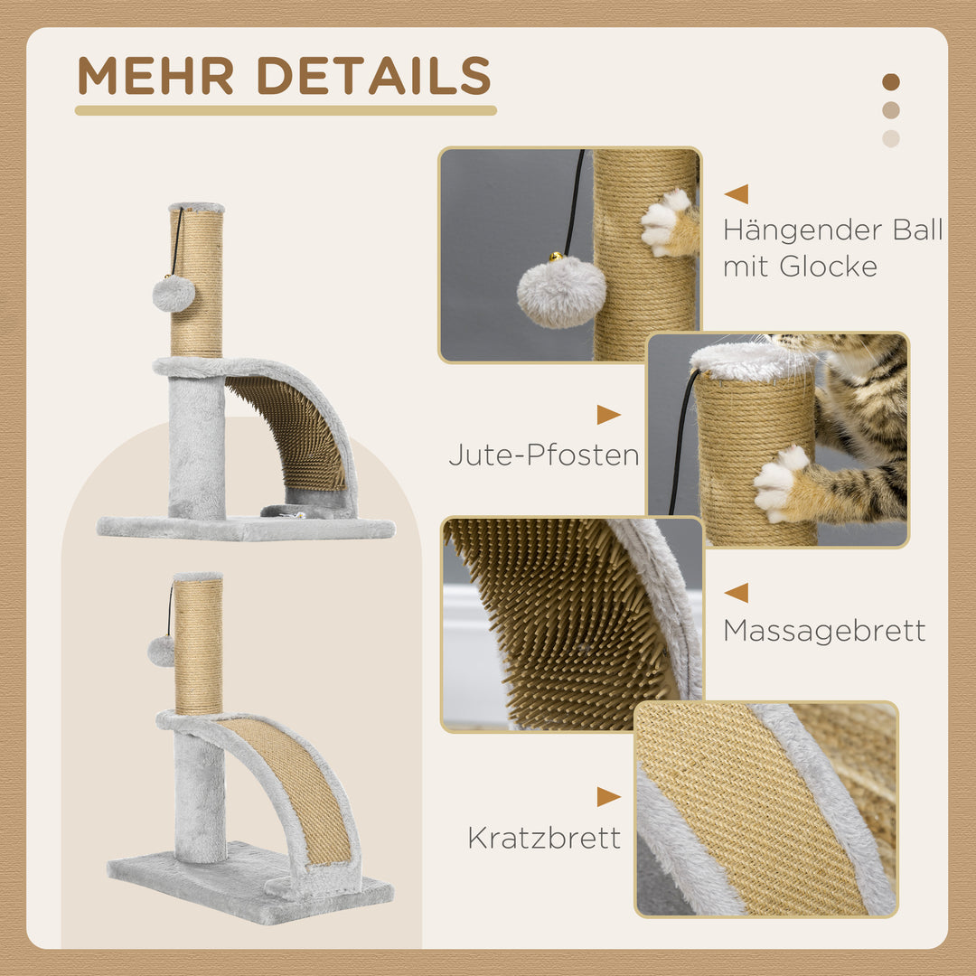 Kradsetræ til katte, jutebetræk, hængebold med klokke, kradsebræt, 34 x 24 x 43 cm, grå