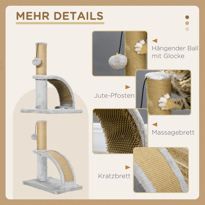 Kradsetræ til katte, jutebetræk, hængebold med klokke, kradsebræt, 34 x 24 x 43 cm, grå