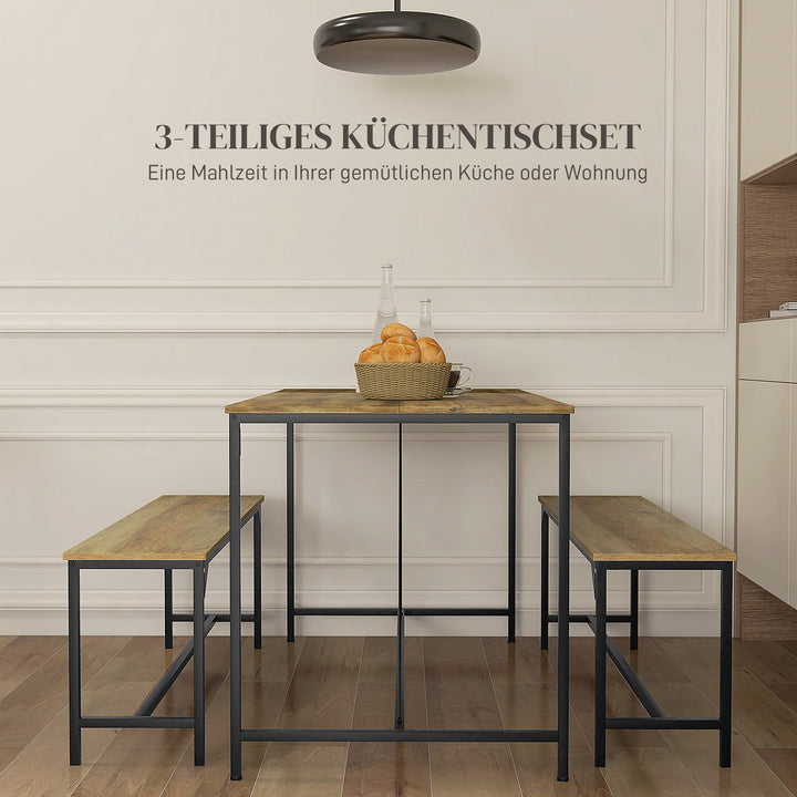 Spisesæt, bord og 2 bænke, industrielt design, stålstel, trædekor/sort