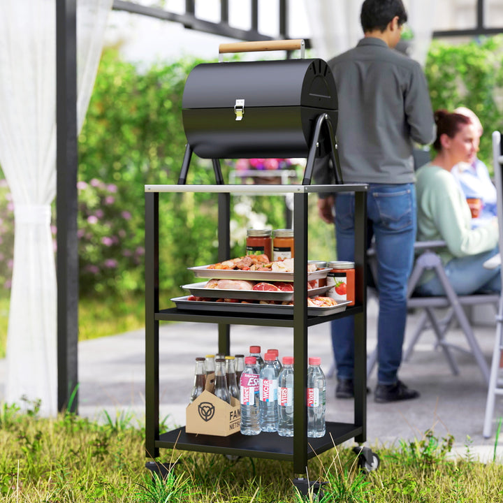 Grillvogn, 3-lags grillbord med arbejdsflade i rustfrit stål, hjul, mobil serveringsvogn, 50 x 50 x 90 cm, sort