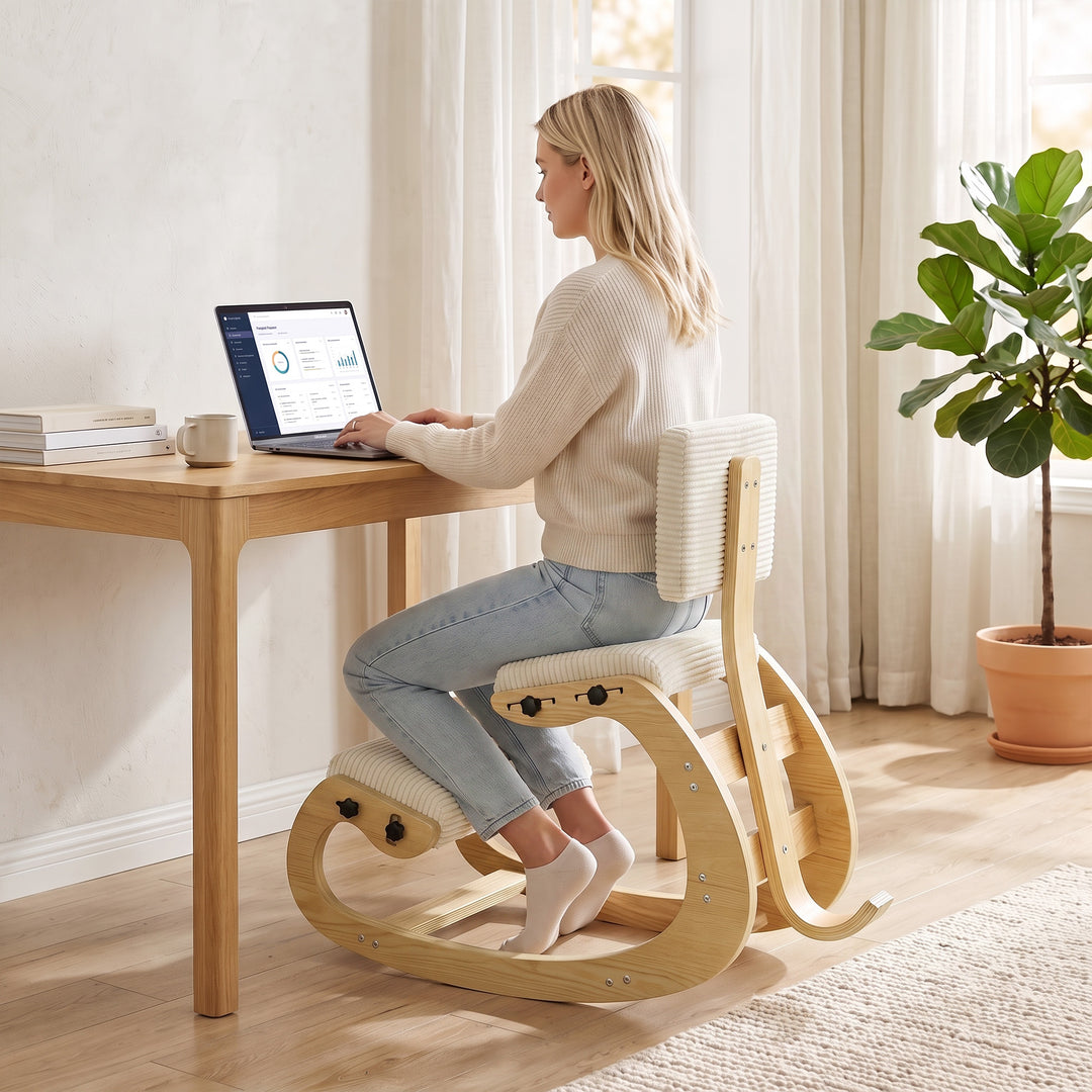 Ergonomisk knælestol med ryglæn, corduroy-look, cremehvid