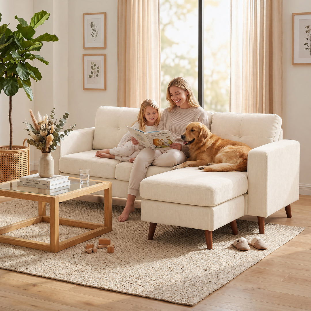 Hjørnesofa 192 cm L-formet 3-personers sofa med vendbar chaiselong, corduroy-look, til små rum, cremehvid