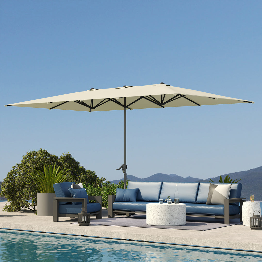 Dobbeltsidet paraply, 451 x 264 cm parasol med håndsving, 12 metalribber, aluminiumsstang, cremehvid