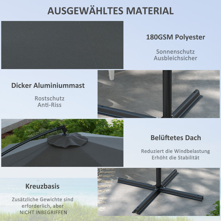 Parasol fritbærende parasol, inklusive krydsfod, 293 x 293 x 260 cm, grå