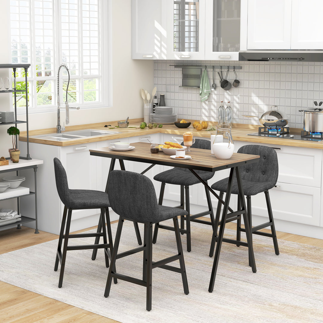 5-Delt barsæt, bord og 4 stole, knapsyninger, tyk polstring, linnedlook, mørkegrå