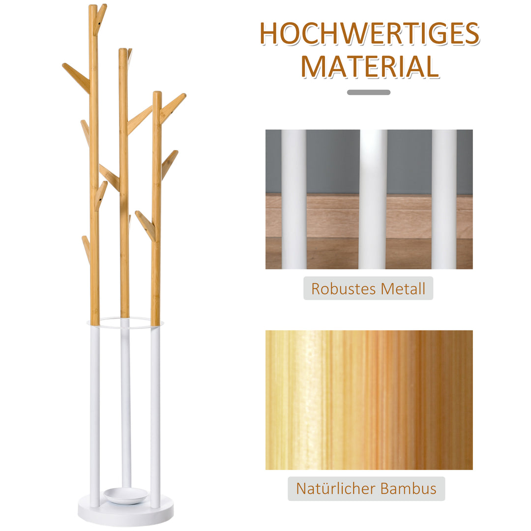 Knagerække, tøjstativ med 12 kroge og paraplystativ, træformet knagerække, moderne jakkestativ til tøj, hat, taske, til stue, soveværelse, bambus, natur + hvid