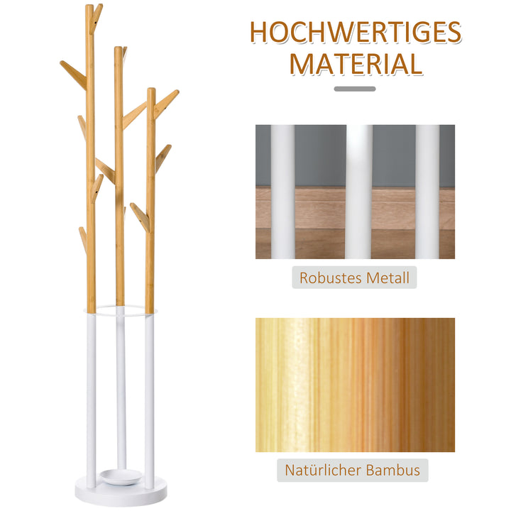 Knagerække, tøjstativ med 12 kroge og paraplystativ, træformet knagerække, moderne jakkestativ til tøj, hat, taske, til stue, soveværelse, bambus, natur + hvid