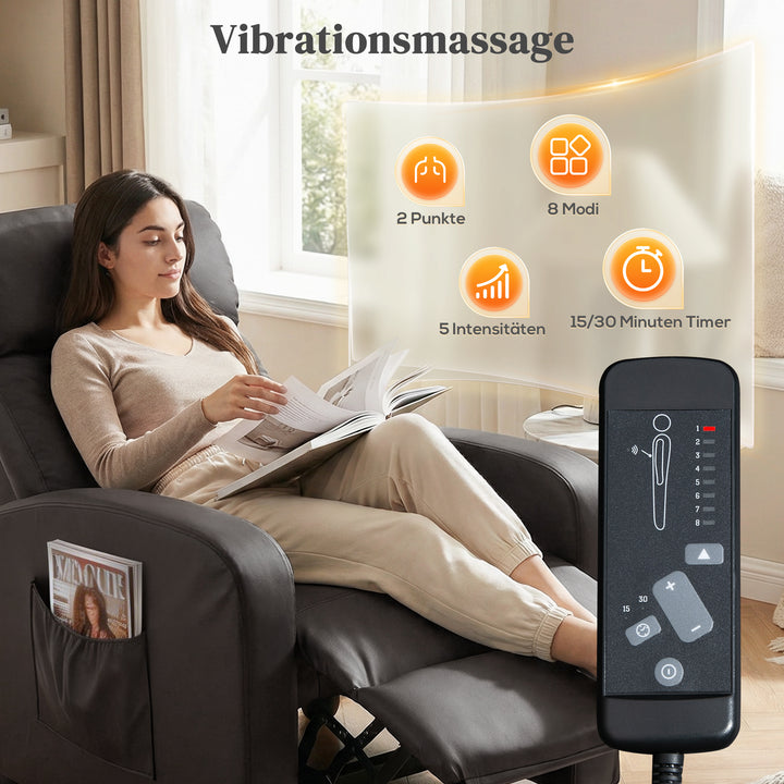Hvilestol med TV-funktion, vibrationsmassage, hældefunktion, 2 massagepunkter, fjernbetjening, 68 x 88 x 98 cm, brun