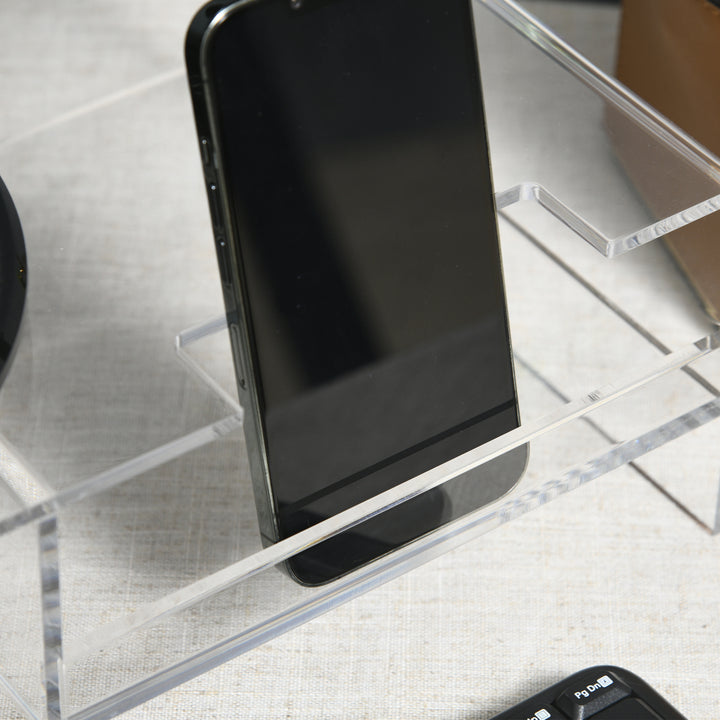 Skærmstativ med tastaturrum, transparent, til skærme op til 24 tommer, 2 niveauer, akryl, 50,8 x 19 x 12 cm